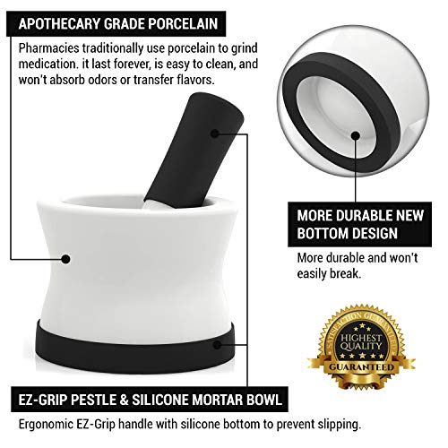 EZ-Grip Silicone & Porcelain Mortar and Pestle With Non-Slip Detachable Silicone Base - NEW DESIGN - Dishwasher Safe by Cooler Kitchen