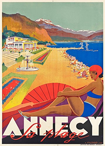 Le Voyage Français Millésime » ANNECY, LA PLAGE » Environ 1935 – Sur Format A3 Papiers Brillants de 250g. Affiches de Reproduction
