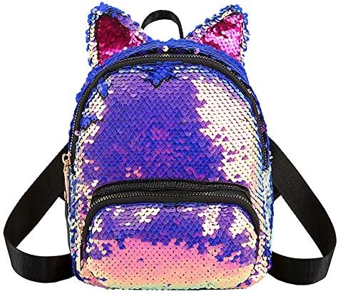 Girls Sequins Cat Ears Zipper Backpack Mini Durable School Bag Travel Pouch Blue+Purple