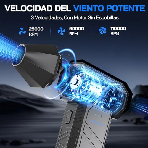 WOLFANG Soplador de aire eléctrico inalámbrico de 110000 rpm, Aire Comprimido Limpieza PC Soplador de Aire, mini soplador ajustable de 3 engranajes con carga rápida para PC, Limpieza Coche