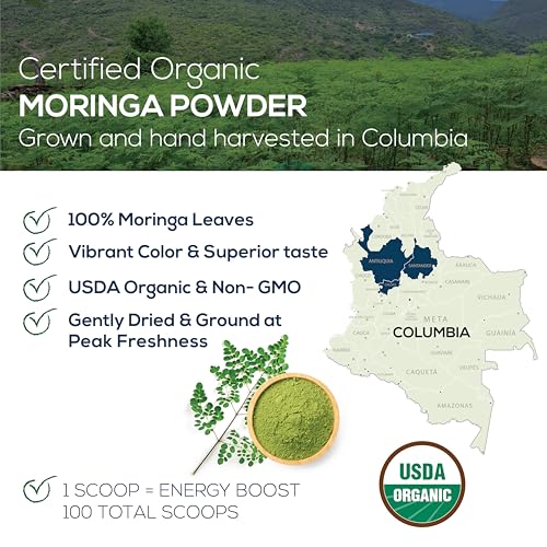 ORGANIC MORINGA POWDER, SINGLE ESTATE, FRESHLY GROUND COLOMBIAN MORINGA, USDA ORGANIC, NON-GMO, GLUTEN FREE IN A RESEALABLE POUCH FOR SMOOTHIES, LATTES, COOKING, 7 OZ (200 G), 100 SERVINGS
