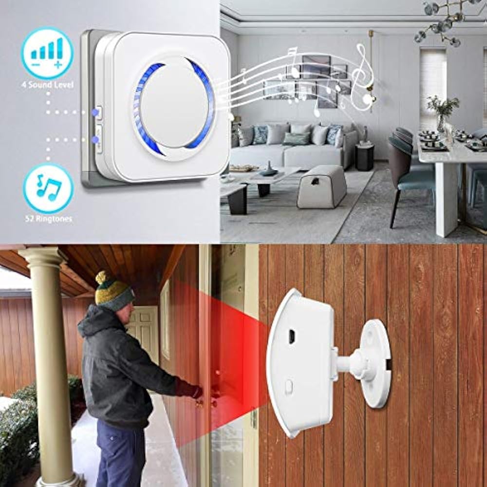 Motion Sensor Detector Chime Alert Wireless 500ft Range With 52 Tunes