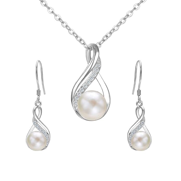 Clearine Damen 925 Sterling Silber Delicate Elegant CZ Cream Süßwasser-Zuchtperle Spiral Unendlichkeit Pendant Halskette Hook