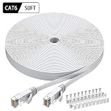 Cat6 Ethernet Cable 50 FT White, BUSOHE Cat-6 Flat RJ45 Computer Internet LAN Network Ethernet Patch Cable Cord - 50 Feet