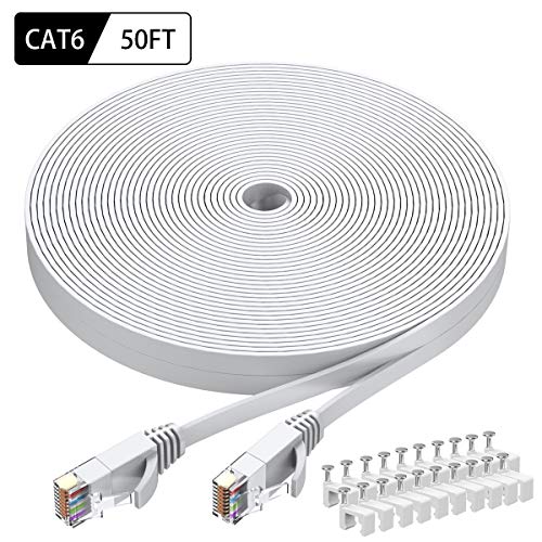 Cat6 Ethernet Cable 50 FT White, BUSOHE Cat-6 Flat RJ45 Computer Internet LAN Network Ethernet Patch Cable Cord - 50 Feet