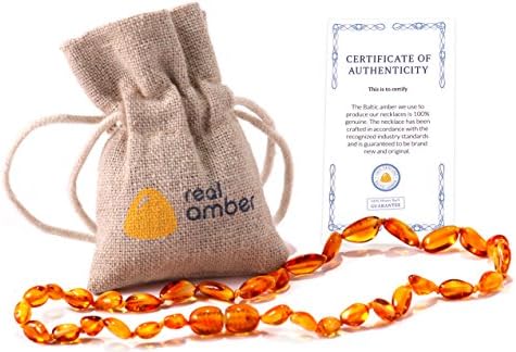 Real Baltic Amber Teething Necklace | Natural Tooth & Gum Anti-Inflammatory Jewelry for Babies and Toddlers | Helps Sooth Drooling & Teething Pain | Girls & Boys (Honey Bean)