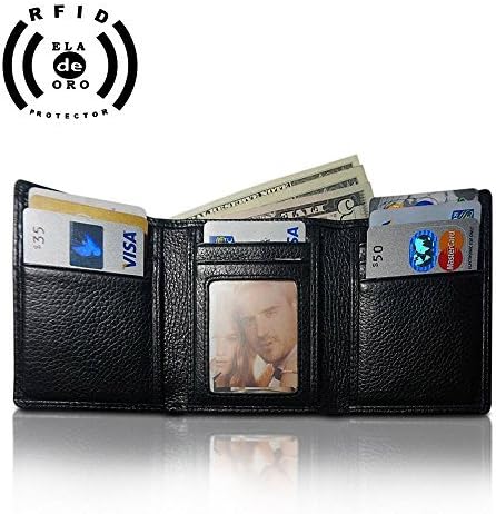 Eladeoro Mens Black Trifold Money Clip RFID Blocking Wallet |Genuine Leather, Lightweight & Thin Safe Credit Card Holder | 7 Card Slots 1 Photo Slot