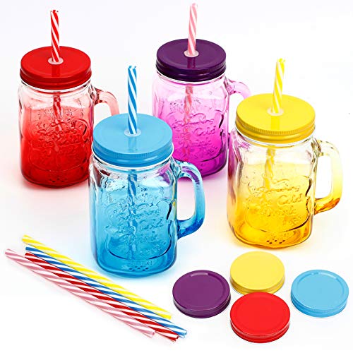 Mason Jar with Handle, Set of 4 Color Mason Drinking Mug with Lids