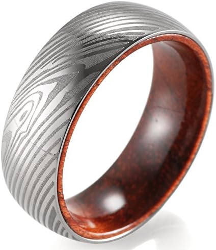 SHARDON Men's 8mm Polished Domed Titanium Ring with Engraved Damascus Striaes and Wood Inner
