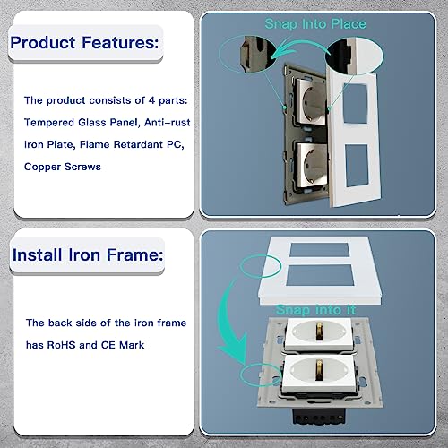 BSEED Wall Socket with Glass,Recessed Double Sockets,Power Outlet,Child Safety,Easy to Install,M Series,2 Sockets,157mm White
