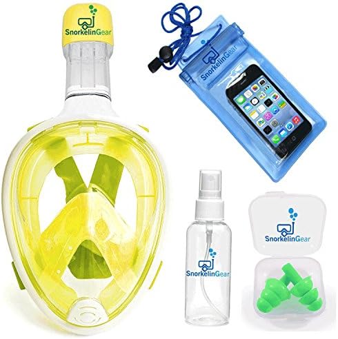 SnorkelinGear Snorkel Mask Set for Adults and Children, Full Face Easybreath Snorkeling Gear with 180 Sea View including Universal Waterproof Case Anti Fog Spray with Earplugs(Yellow, L/XL)