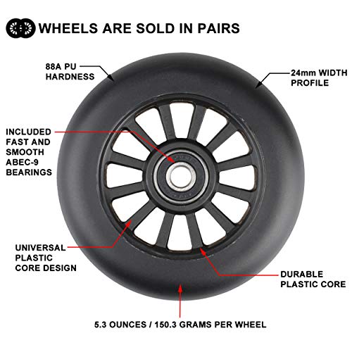 100mm Scooter Wheels - 100mm Pro Kick Scooter Wheels Replacement Pair - Smooth Bearing Installed | Plastic Core for Razor Fuzion Scooters