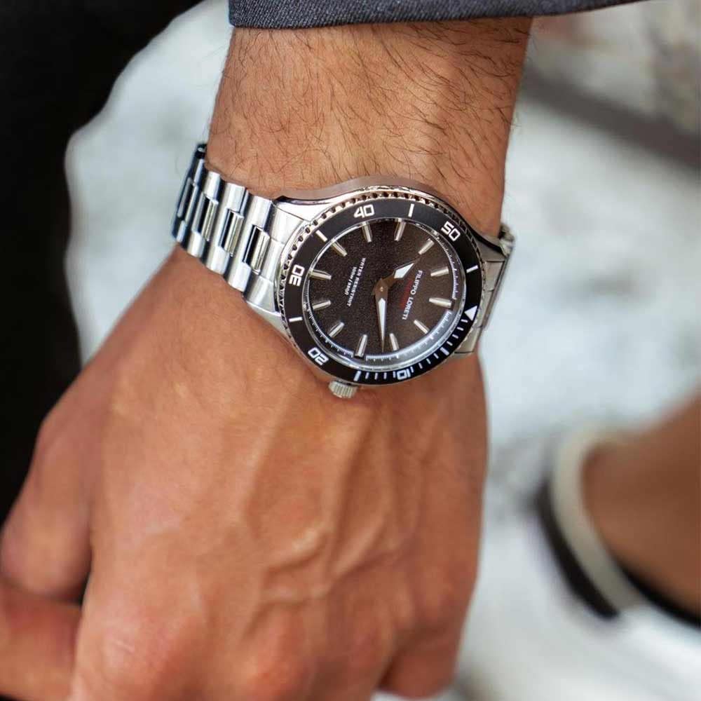 Filippo LORETI Okeanos Men’s Dive Watch, Italian Design Men’s Wrist Watch, Stainless Steel 42mm 100M Water Resistant, Sapphire Glass Watch for Men, Miyota Movement, Black Dial
