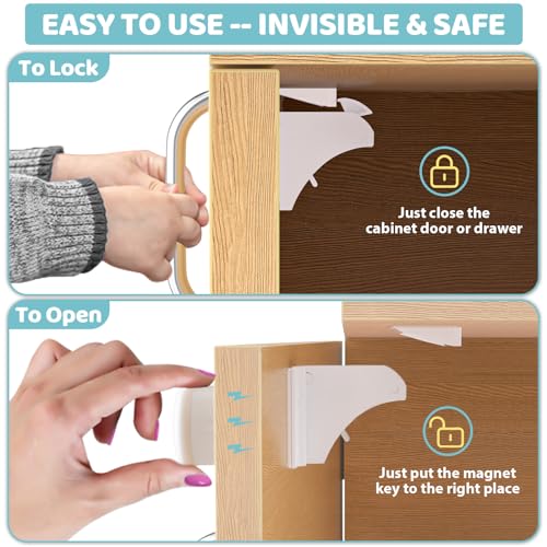 4our Kiddies 12 Pack Child Safety Magnetic Cabinet Locks with 2 Keys, No Drill Baby Proofing Drawer Locks for Baby Safety, Invisible Adhesive Magnetic Cupboard Locks for Kitchen Cabinet and Drawers