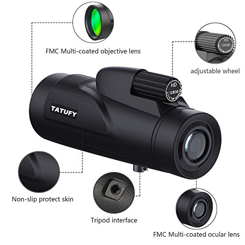 Monocular Telescope, Tatufy 12x50 HD Dual Focus Low Night Vision Waterproof High Power Spotting Scopes for Adults with Cell Phone Photography Adapter for Bird Watching, Hunting, Camping,Travelling