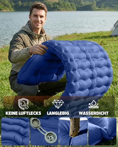 Double Inflatable Camping Sleeping Mat, Ultralight Sleeping Mat with Integrated Cushion & Foot Pump, Waterproof Sleeping Mat for 2 People, Compact for Camping, Trekking, Backpacking and Travel, Blue
