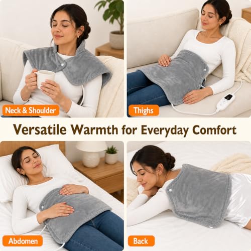 CoreBazz Electric Heating Pad for Neck and Shoulder with 6 Heating & 4 Timer Settings,Fast Heating Large Size Heated Wrap with Auto Shut Off & Machine Washable (Silver Gray, 58x42 cm)