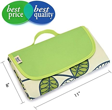 Large Oversized Water-Resistant Sandproof Mat Camping Folds into a compact Tote Bag Childrens Picnic Blanket (Green Leaves)