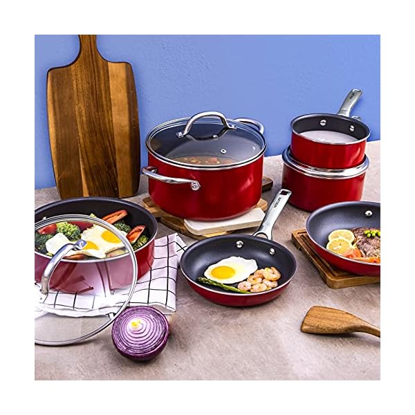 HITECLIFE-Nonstick-Pots-and-Pans-Set-Cookware-Sets-10pcs-Chemical-Free-Induction-Cooking-Set-with-Lids-Space-Saving-Aluminium-Pan-Set-Kitchenware-with-Saucepan-Frying-Pan-Stockpot-Red HITECLIFE Nonstick Pots and Pans Set, Cookware Sets 10pcs, Chemical-Free Induction Cooking Set with Lids, Space Saving Aluminium Pan Set, Kitchenware with Saucepan, Frying Pan, Stockpot, Red