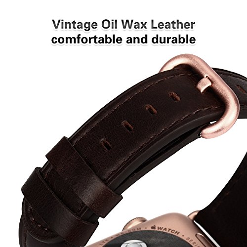 Apple Watch Band 38mm, JFdragon Dark Brown Oil-wax Vintage leather Replacement Iwatch Wrist Strap with Series 3 Metal Clasp for Apple Watch Series 3 Gold Aluminum - Thumbnail 2