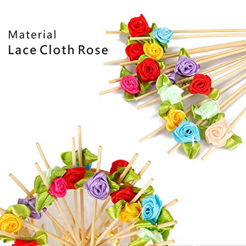 Rose Flower Appetizer Skewers Cocktail Picks Long Bamboo Toothpicks in Clear Storage Box Wedding Valentines Day Single Bachelorette Party Food Drinks Desserts Fruits Decor 4.7" 100 Counts-MSL119
