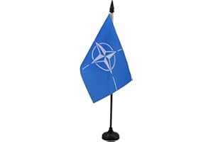 NATO Table Flag 4'' x 6'' - North Atlantic Treaty Organization Desk Flag 15 x 10 cm - Black plastic stick and base - Drapeau 