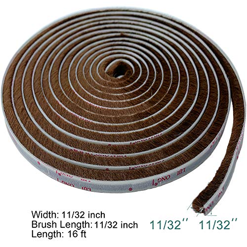Felt Pile Weather Stripping Brush Strip for Window and Door Seal 11/32 inch x 11/32 inch x 16 ft, Strong Adhesive Backing Door Felt Strip for Sealing Insulation, Brown