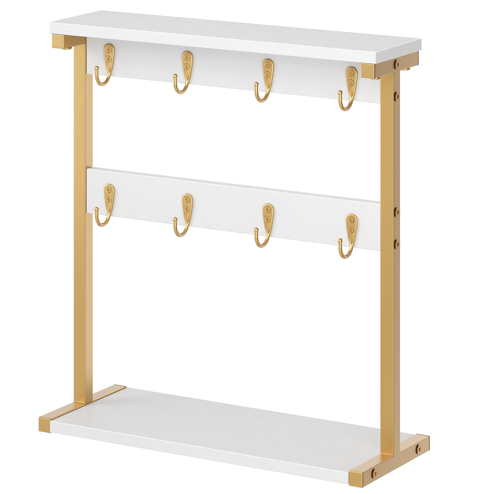 Photo 1 of YATINEY Coffee Mug Holder for Counter, 2 Tier Mug Tree Rack, with 8 Hook and 2 Open Shelves, Vintage Mug Holder Stand for Home Kitchen, White and Gold MH43DW