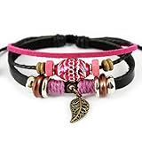 Wild Wind Unique Leaf Pendant Oval Beads Multistrand Leather Adjustable Wrap Bracelet