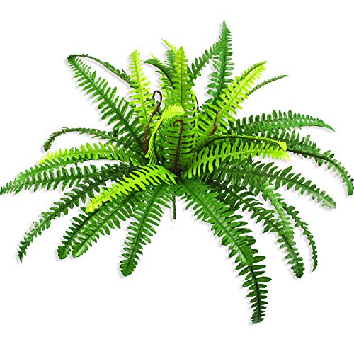 Ollain Artificial Boston Fern Plants Bush Shrubs Fake Faux Fern Silk Fronds Plant Greenery Bushes Flower UV Resistant for Garden Indoor Outdoor Hanging Decor (40 Leaves)
