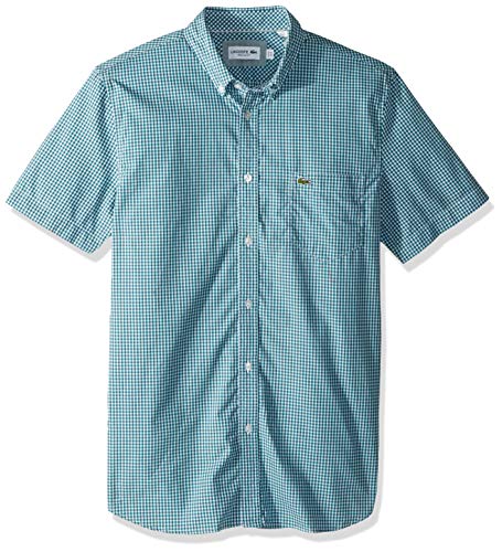 Lacoste Men's Short Sleeve Reg Fit Gingham Poplin Button Down, Bailloux/White, X-Large