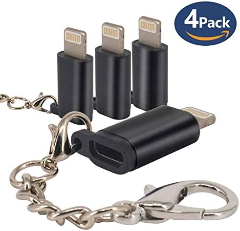 4-Pack Metal shell Micro USB to 8 Pin Lightning Adapter with Keychain Charger Convert Connector for iPhone X 5 5S SE 5C 6 6S 7 8 plus iPad iPod, Compatible with Apple iOS Devices (Black)