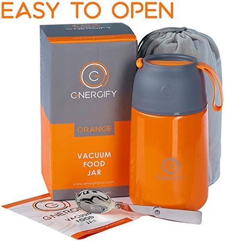 ENERGIFY Vacuum Insulated Food Jar. 24oz Thermos Includes Folding Spoon and Cup. Hot & Cold Drinks, Lunch Container For Kids and Adults. Made of Premium BPA-Free Stainless Steel, Leak Proof, Orange