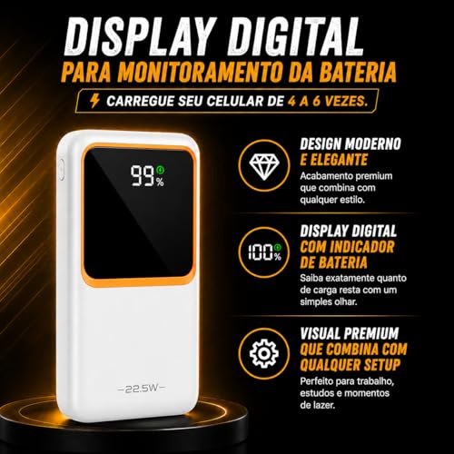 Power Bank, Carregador Portátil, 20000mAh, 22,5W, Carregamento Rápido, PD.
