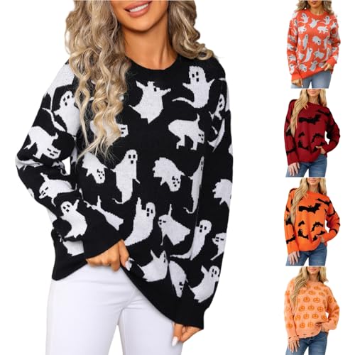 Angxiwan Halloween Tops for Women UK Sweatshirts for Women UK Oversized Pumpkin Print Casual Long Sleeve Halloween Sweatshirt Crew Neck Solid Color Pullover Pumpkin Latte Sweatshirt Top A-black