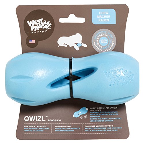 West Paw Zogoflex Qwizl Interactive Treat Dispensing Dog Puzzle Treat Toy for Dogs, 100% Guaranteed Tough, It Floats!, Made in USA, Large, Aqua Blue
