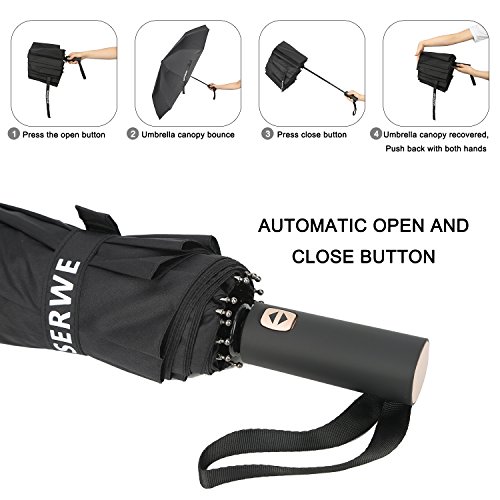 Miserwe Umbrella 12 Ribs with Teflon Coating Umbrella Windproof Lengthened Handle Travel Umbrella with Auto Open Close Button and Free Upscale Leather Cover (Black) - Thumbnail 4