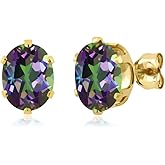 Gem Stone King 3.20 Cttw 8X6MM Green Mystic Topaz 18K Yellow Gold Plated Silver Stud Earrings For Women