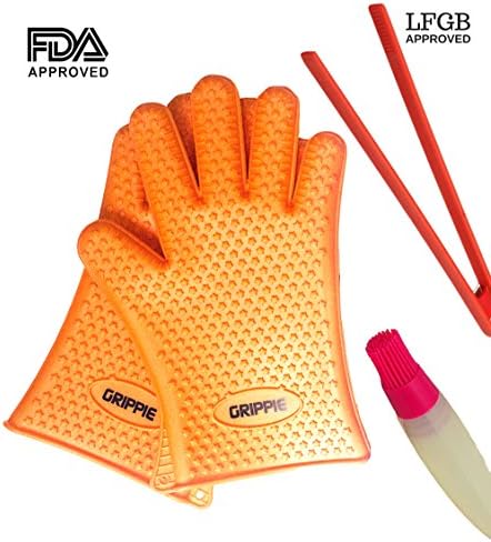BBQ, Grilling &amp; Oven Silicone Heat Resistant Cooking Gloves With FREE TONGS and BASTING BRUSH By Grippie–Premium Quality-Maximum Protection &amp; Comfort–Lightweight &amp; Dishwasher Safe–Blue&amp;Orange
