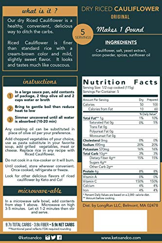 Original Recipe Dry Riced Cauliflower By Keto and Co | Low Carb, Gluten Free, Keto, Vegan Rice Alternative | Delicious, Easy and Fast | 5 Servings, Makes 1 Lb