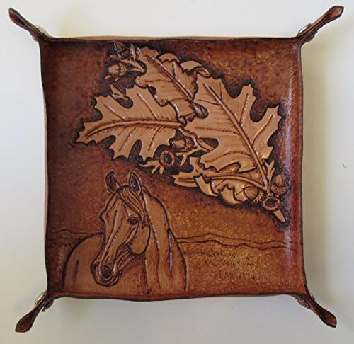 VALET TRAY Genuine Leather. Beautiful Tooled Leather Art. Made in USA. 'Horse with Oak '. Approximate size 6 1/4" sq. Great place to keep car keys, loose change. FREE SHIPPING on eligible orders.