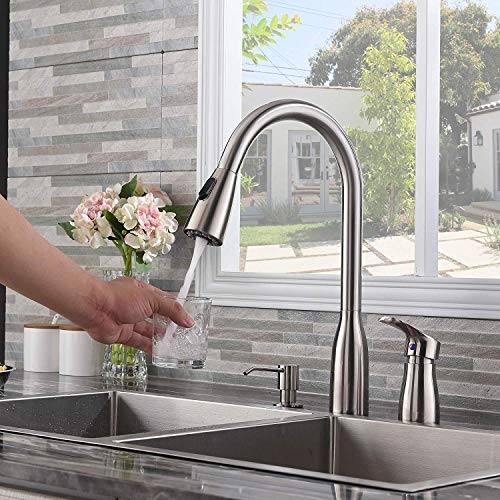 Hotis 3 Hole Pull Out Prep Sprayer Stainless Steel Single Handle Pull Down Kitchen Faucet,Sink Faucet Brushed Nickel Kitchen with Soap Dispenser - Thumbnail 4