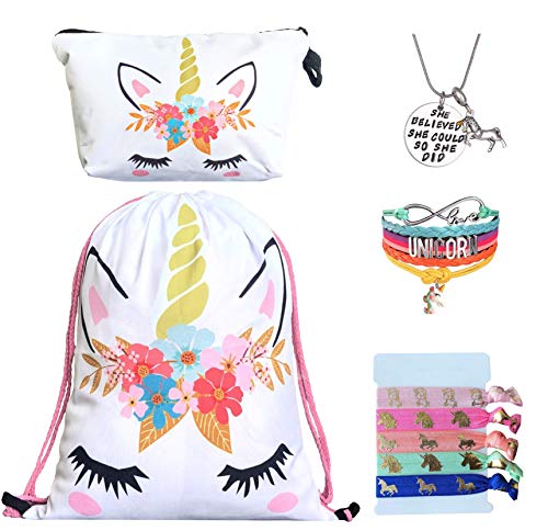 Unicorn Gifts for Girls - Unicorn Drawstring Backpack/Makeup Bag/Bracelet/Inspirational Necklace/Hair Ties (White Flower)