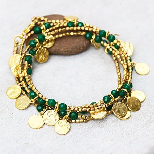 Green onyx faceted beads wrap bracelet with gold 22k plated on brass beads and golden disc decoration