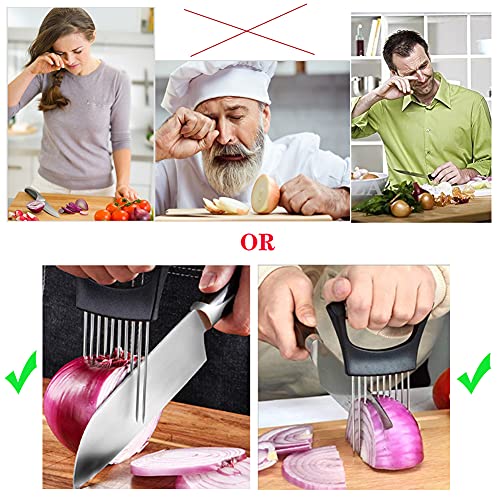 Onion Holder Slicer,Stainless Steel Onion Slicer for Potato Fruit Tomato Slicer Vegetable Slicer Kitchen Cooking  Aid Gadge Tool Cutting Chopper (Black)