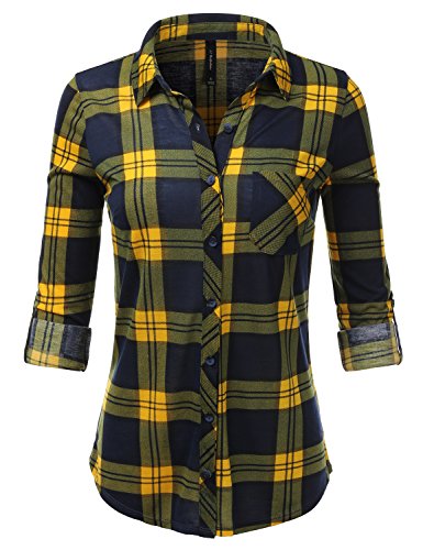 JJ Perfection Womens Long Sleeve Plaids Buttoned Casual Button Up Flannel Shirt NAVYMUSTARD M