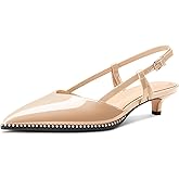 Aachcol Womens Pointed Toe Slingback Heels Low Kitten Heel Sandals Patent Leather Sliver Beaded Pumps Buckle Prom Dress Shoes 1.4 Inches Heels