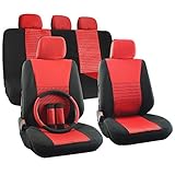 OxGord 17pc Set Flat Cloth Mesh Red Black Wide Stripe Seat Cover Set-Airbag-Front Low Buckets-50-50 or 60-40 Rear Split Bench-5 Head Rest-Universal Fit for Car, Truck, Suv or Van-Steering Wheel Cover