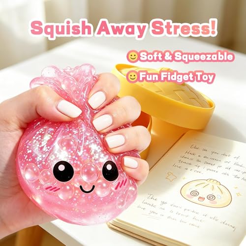 Last Page® Glitter Dumpling Squishy Box Real Squishy Dumplings Squishies Fidget Toys Adults & Teens Large Adults Anxiety Relief Squeeze Toy (Pink)
