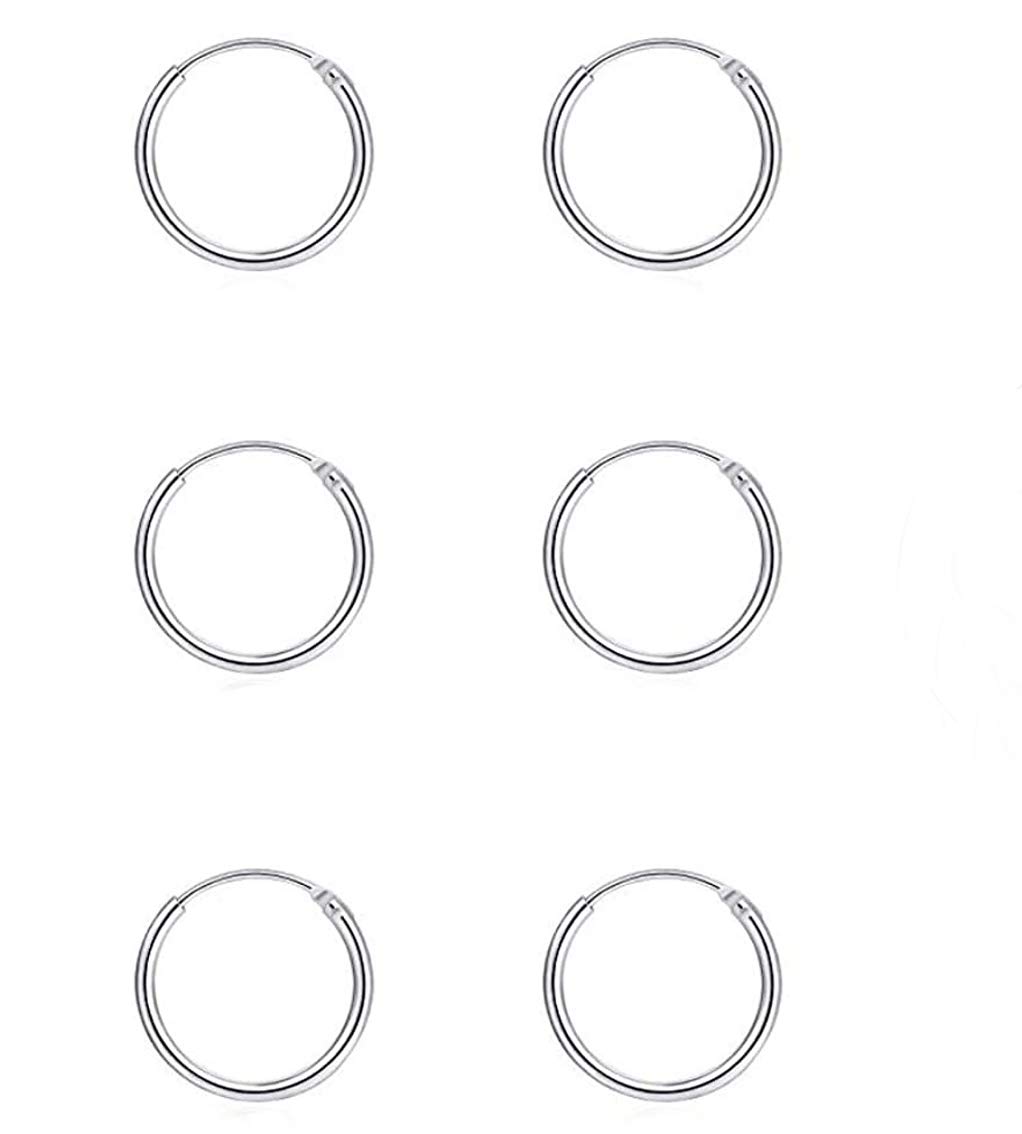 Gulicx 3 Pairs 10mm Silver Small Hoop Earrings Set for Women Men Girls, Hypoallergenic 925 Sterling Silver Unisex Endless Cartilage Sleeper Hoop Earrings, Tragus Earrings Hinged Nose Lip Rings